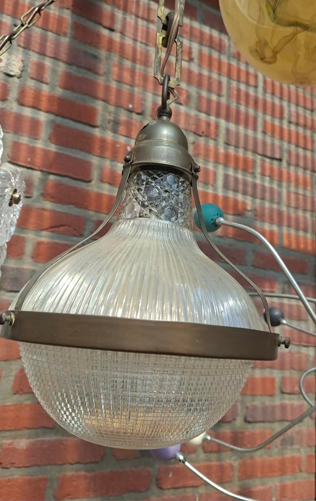 Industriële Holophane Hanglamp - Vintage Design, Huis en Inrichting, Lampen | Hanglampen, Gebruikt, 50 tot 75 cm, Ophalen of Verzenden