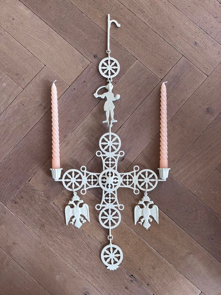 Vintage metalen wandkandelaar, hangkandelaar byzanthijns, Huis en Inrichting, Woonaccessoires | Kandelaars en Kaarsen, 50 tot 75 cm