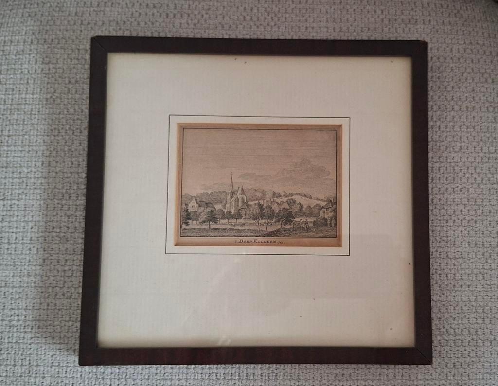 Twee Gravures: Dorp Ellecom en Kasteel Middachten (1743), Ophalen of Verzenden, Gravure, Origineel, Landschap