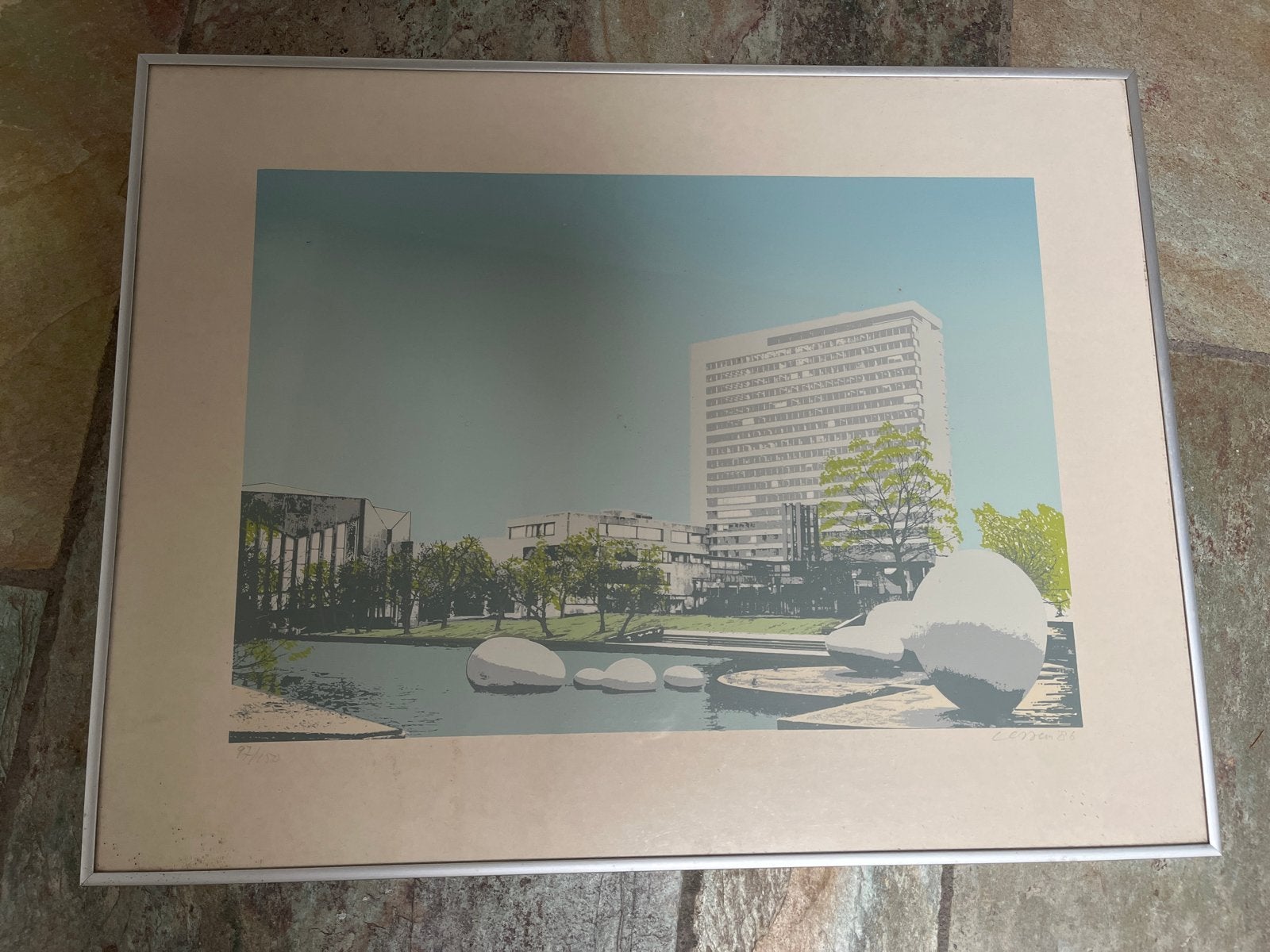 Ingelijste Grafiek Henk van Vessem - Erasmus Universiteit, Ophalen, Architectuur, Ingelijst