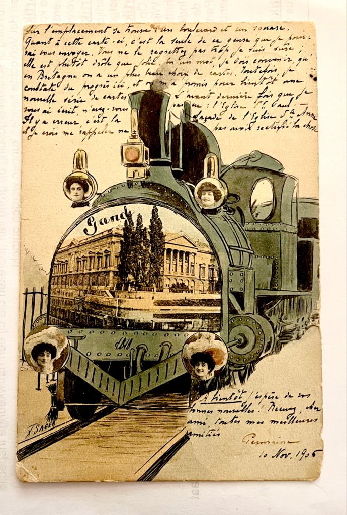 Zeldzame Oude Ansichtkaart Trein met Dames en Gebouw, Verzamelen, Ansichtkaarten | Buitenland, Gelopen, Frankrijk, Voor 1920, Verzenden