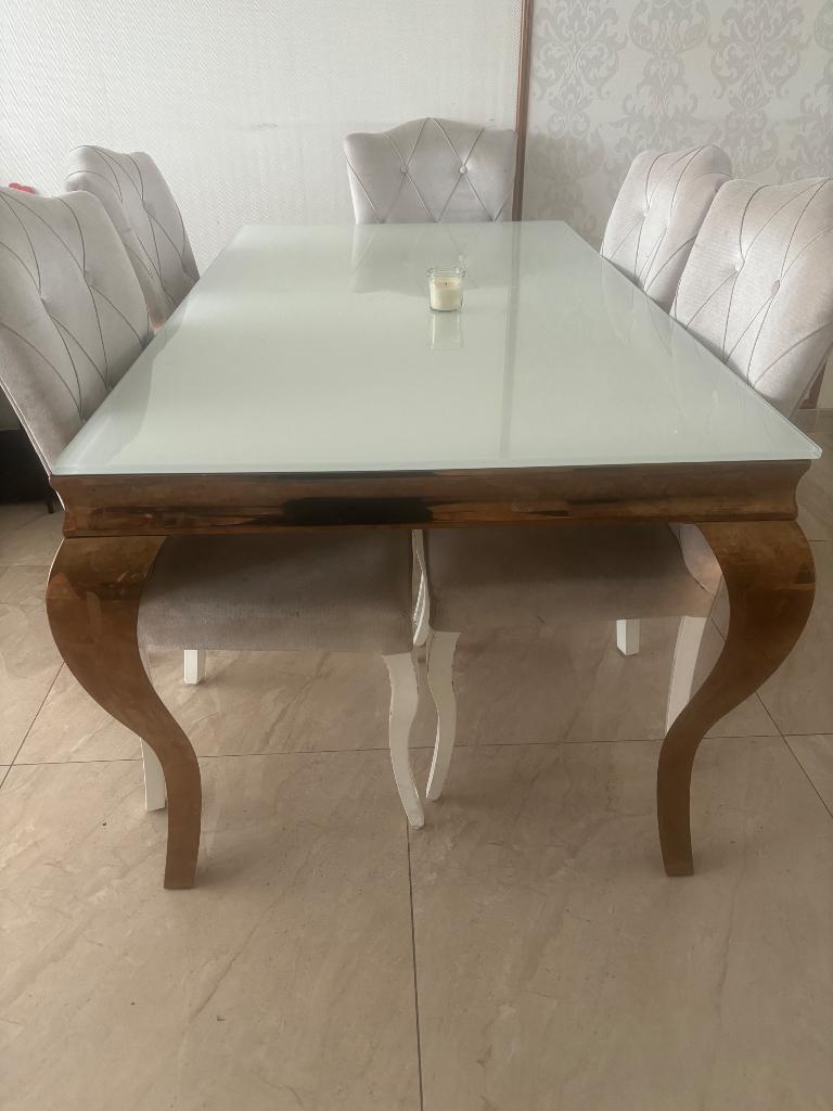 Eettafel en 6 stoelen, Huis en Inrichting, Tafels | Eettafels, Ophalen, Gebruikt, 50 tot 100 cm, Vijf personen of meer