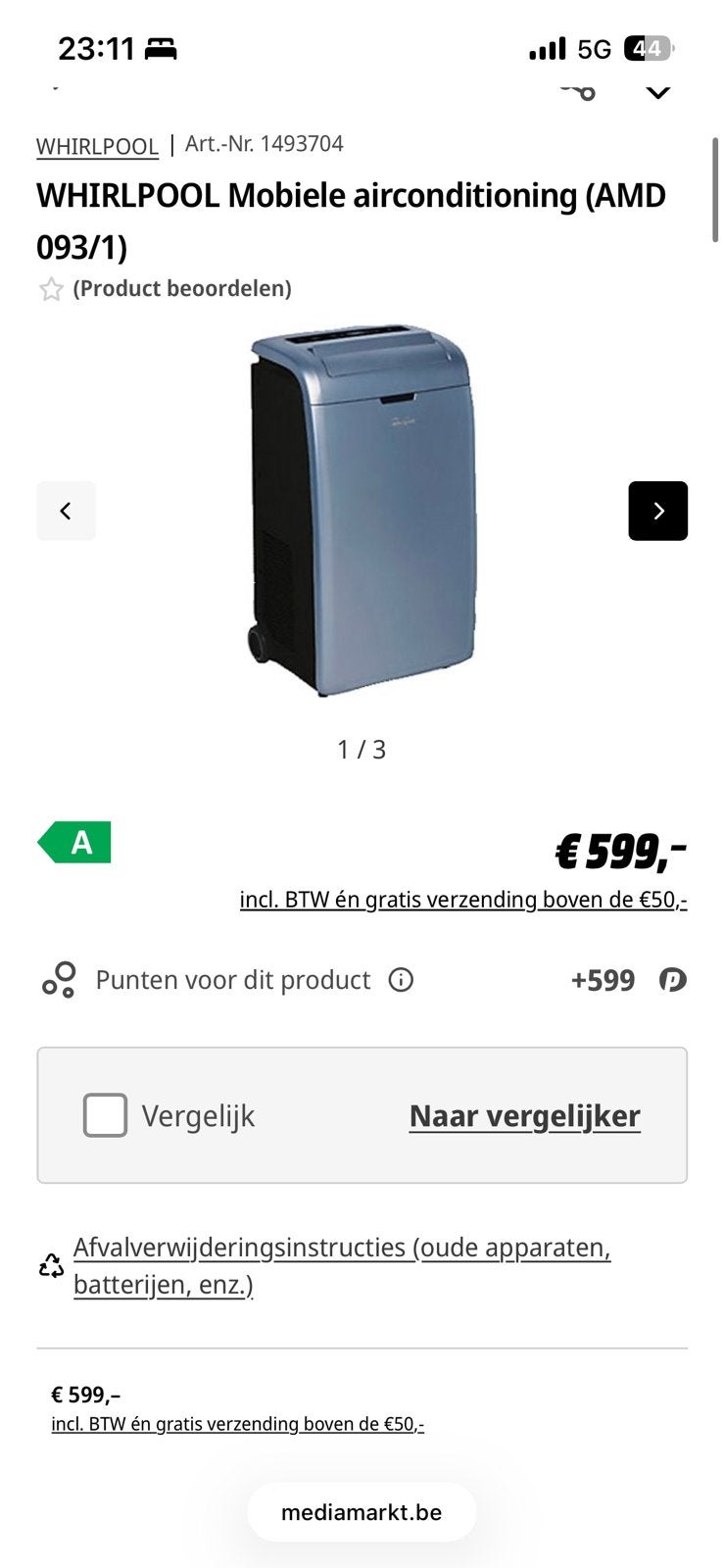 Whirlpool Mobiele Airco AMD 093/1 met slang, Witgoed en Apparatuur, Airco's, Ophalen, Gebruikt, Minder dan 60 m³, 3 snelheden of meer