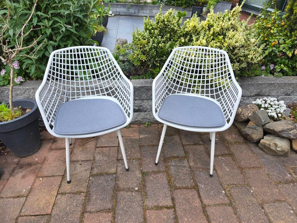 4x Webbing Kuipstoelen beige met kussens, binnen/buiten., Ophalen of Verzenden, Kunststof