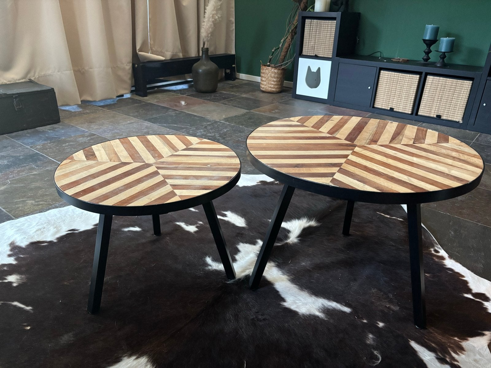 Set van 2 ronde salontafels met houten blad, Ophalen, Rond, Nieuw, 50 tot 100 cm