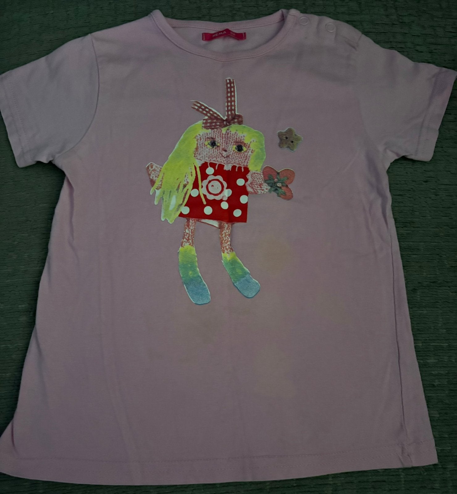 Roze shirtje, korte mouw met vintage printje, mt 92 van Hema, Kinderen en Baby's, Kinderkleding | Maat 92, Ophalen of Verzenden