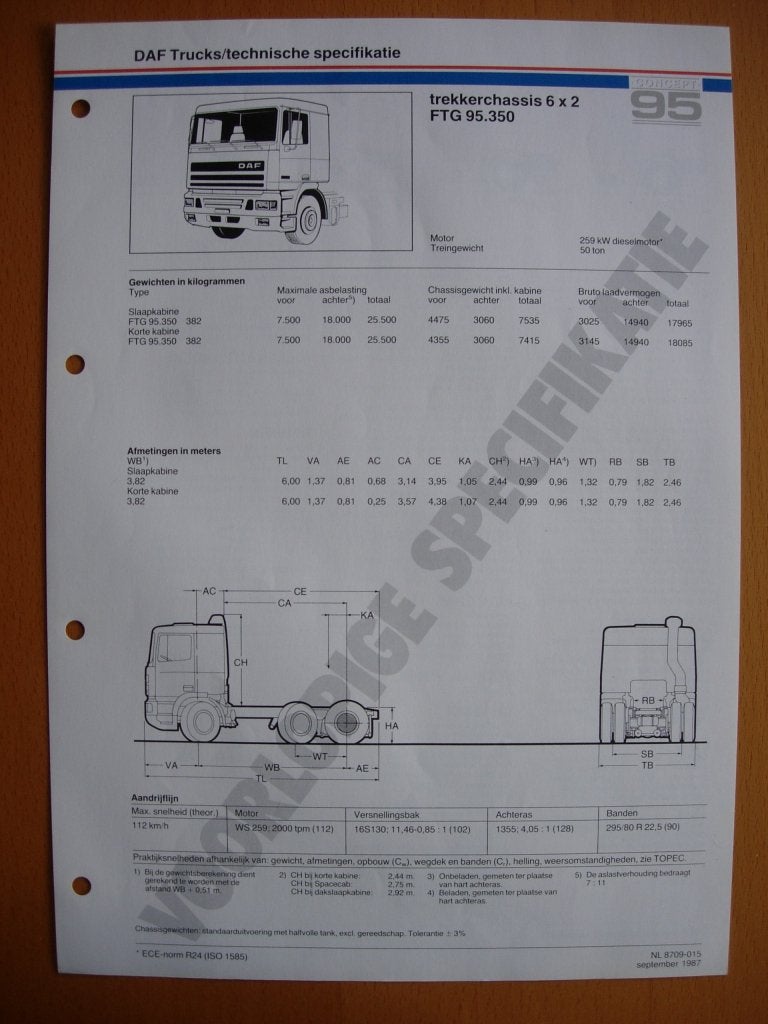 DAF FTG 95 350 pk Technische Specificatie Folder 1987 – 6x2, Ophalen of Verzenden, Zo goed als nieuw, Overige merken, DAF