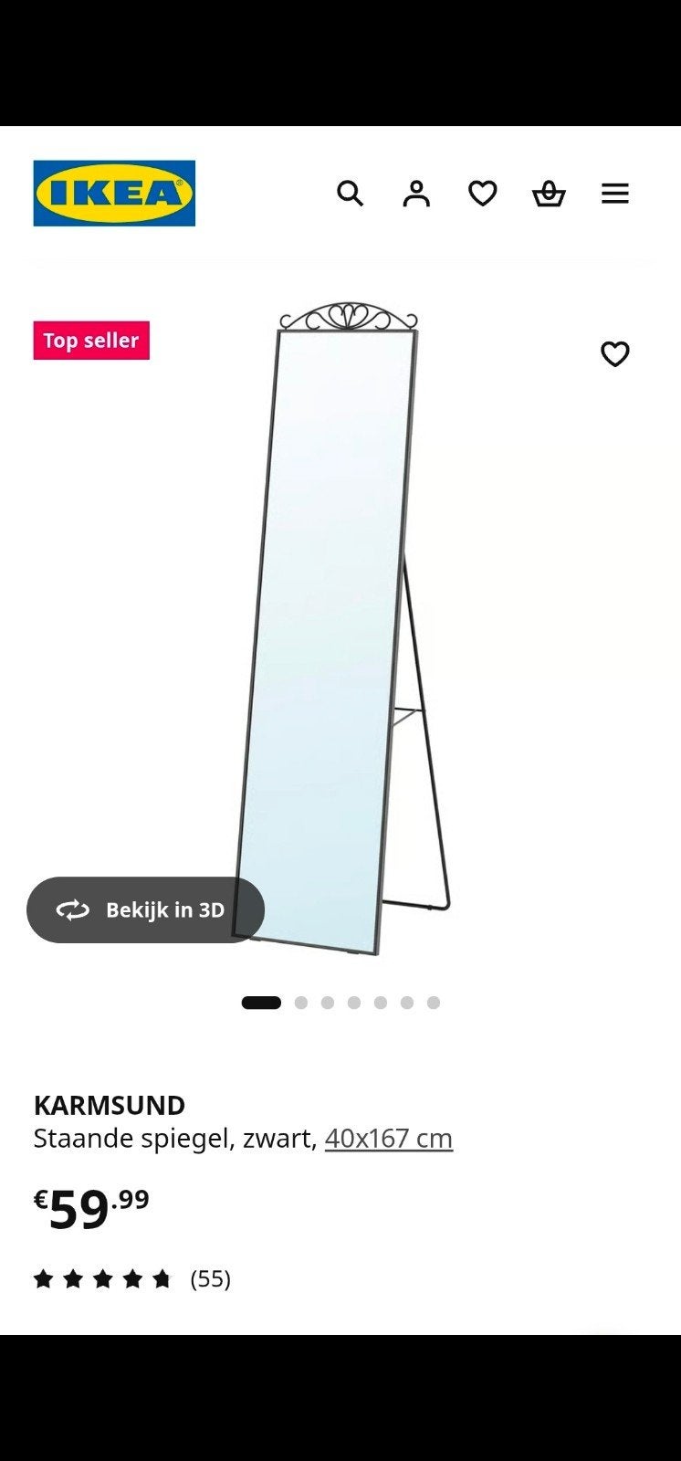 IKEA KARMSUND Staande spiegel, zwart, 40x167 cm, Huis en Inrichting, Ophalen, Minder dan 50 cm, Zo goed als nieuw, 150 tot 200 cm