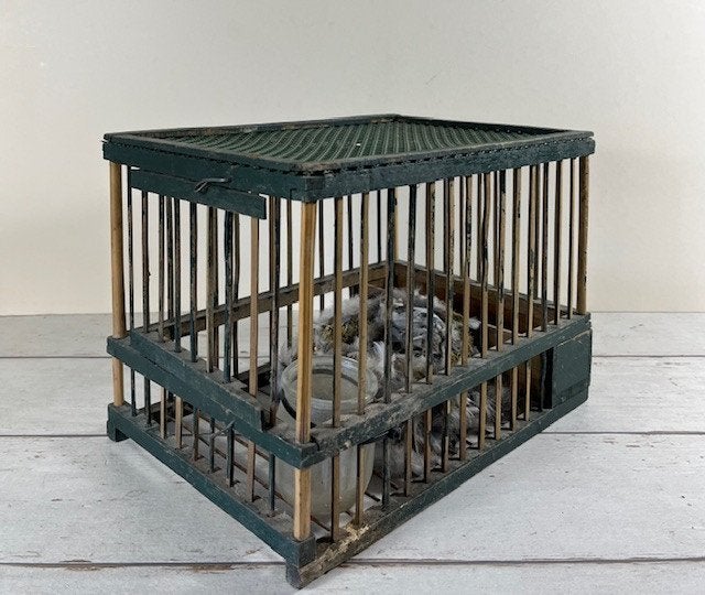 Vintage Frans groen houten vogelkooi met ruif en voerpotje, Ophalen of Verzenden