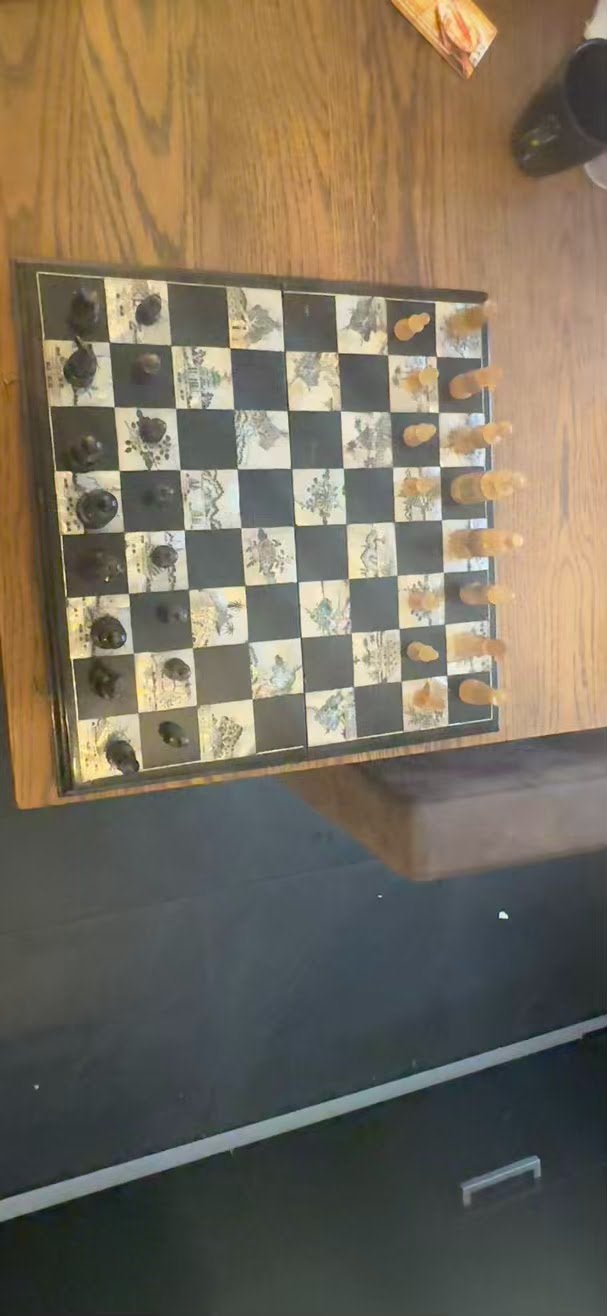 vintage zwart gelakt schaakspel, Ophalen of Verzenden, Gebruikt