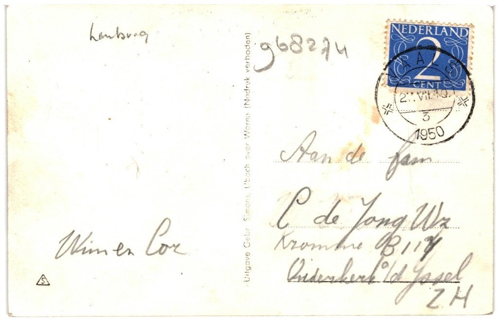 968274 Gulpen Limburg 1950 Gelopen met postzegel, Ophalen of Verzenden, 1940 tot 1960, Gelopen, Limburg