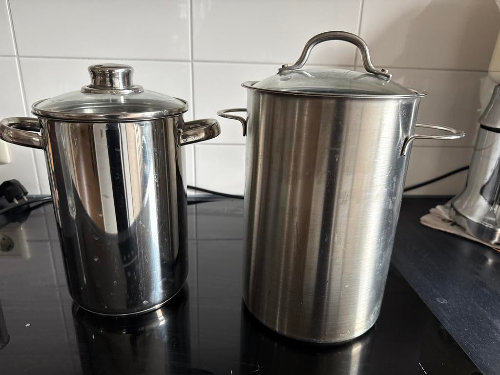 Hoge RVS Aspergepan met Glazen Deksel, Gebruikt, Inductieplaat, Rvs, Ophalen
