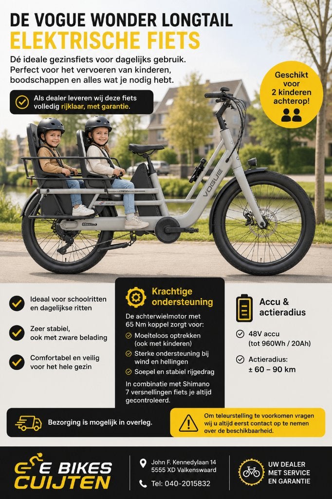 Elektrische Longtail Vogue Wonder fiets, 2 zitjes, Nieuw, Versnellingen, Schijfrem