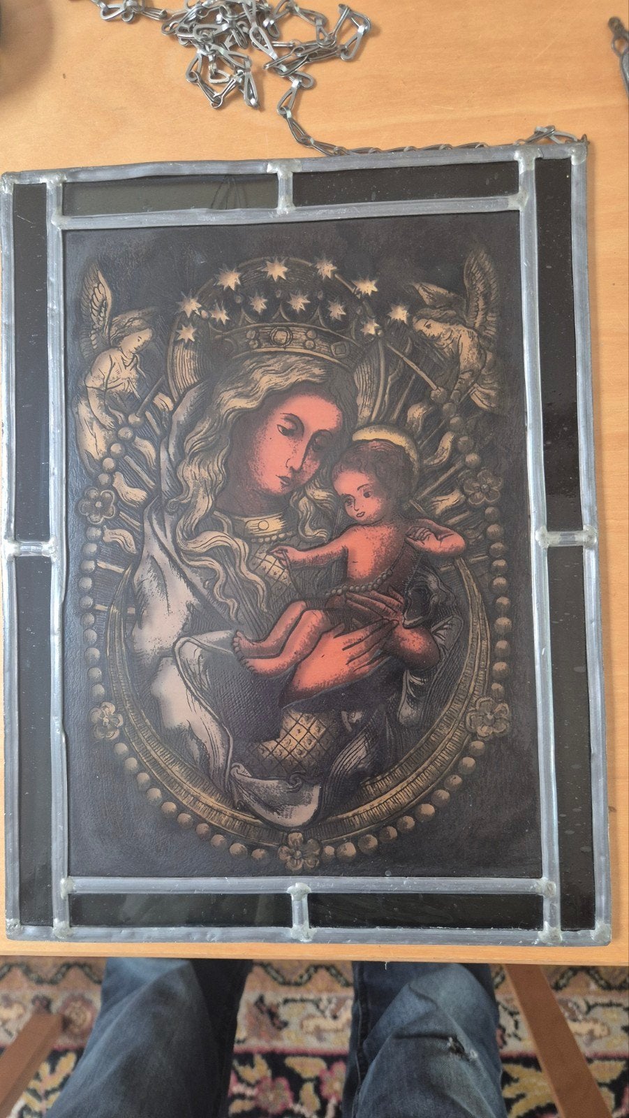 Antiek glas-in-lood paneel Maria met kind, Ophalen