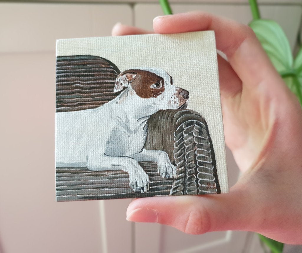 Mini pitbull magneet handgeschilderde acrylkunst 7,5x7,5 cm, Ophalen, Minder dan 50 cm, Oorspronkelijke maker, Nieuw