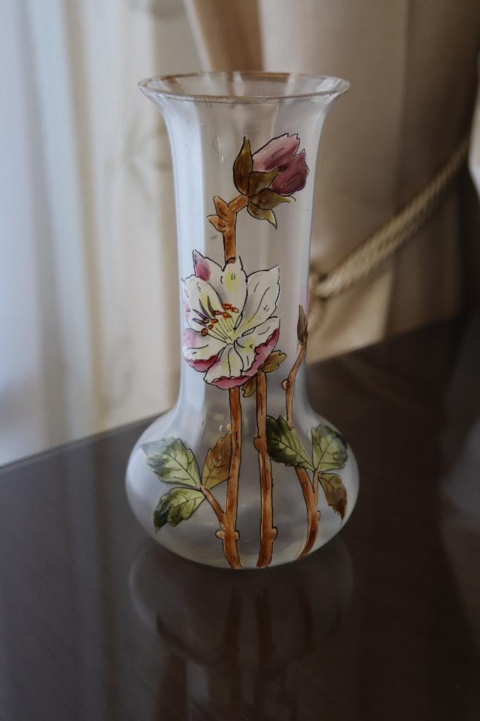 Antiek Art Nouveau Frankrijk emaille glas vaas 1890-1900, Antiek en Kunst, Ophalen of Verzenden