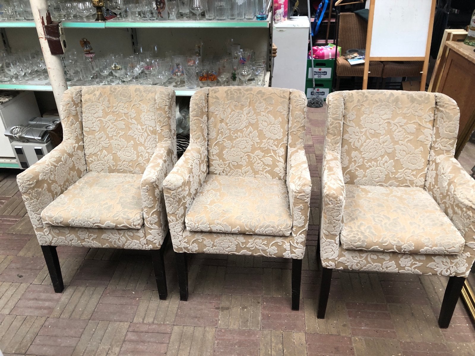 Set van 3 Gebruikte Fauteuils met Bloemenpatroon, Gebruikt, Overige kleuren, Drie, Ophalen of Verzenden
