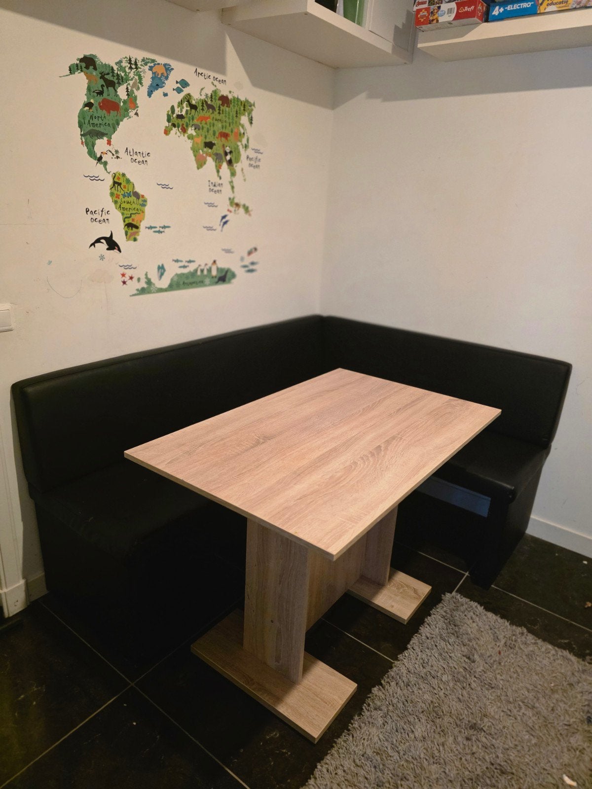 Hoekbank met eettafel - Zwart kunstleer, Ophalen, Gebruikt, 150 tot 200 cm, Hoekbank