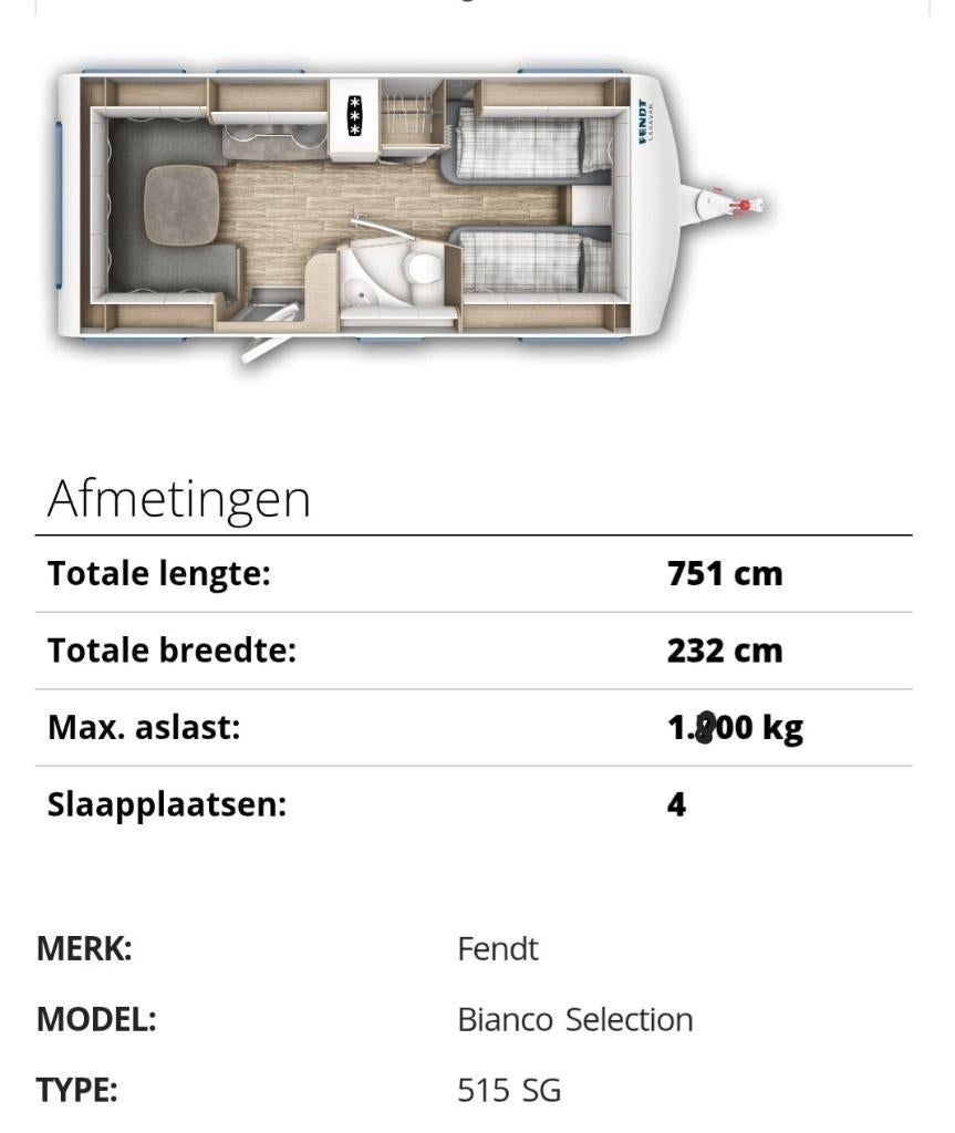 Fendt Bianco 515 enkele bedden, Caravans en Kamperen, Ringverwarming, Rondzit, Particulier, Fendt