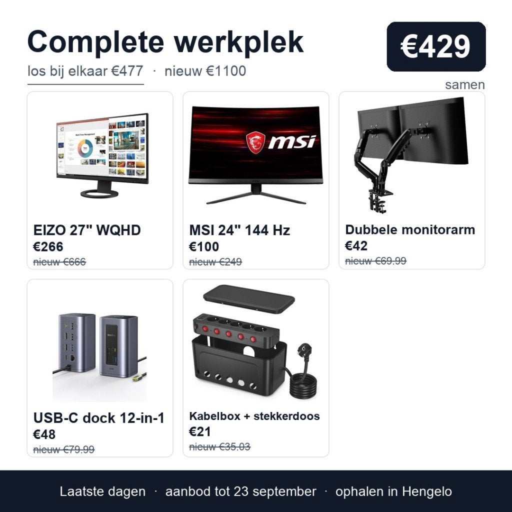 Complete werkplek: EIZO 27 + MSI 24, dubbele arm, dock, Computers en Software, Ophalen, Gebruikt, 101 t/m 150 Hz, Curved