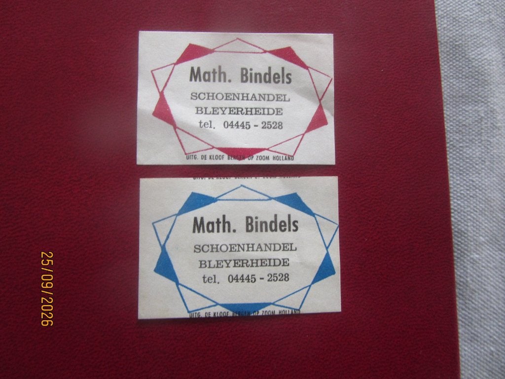 Schoenhande Math. Bindels Bleyerheide, Ophalen of Verzenden, Gebruikt, Luciferdoosjes of -merken