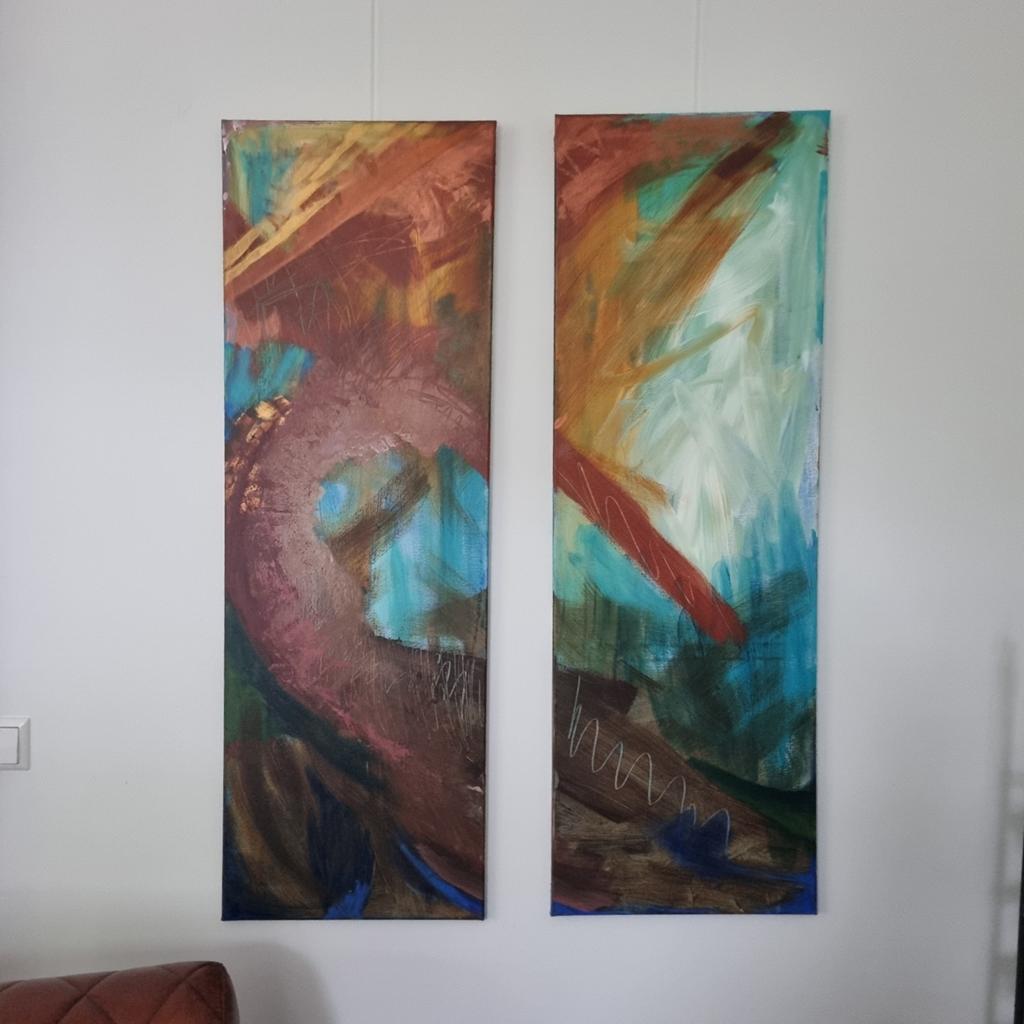 Abstracte kunst: Set van 2 handgemaakte schilderijen, Antiek en Kunst, Ophalen of Verzenden