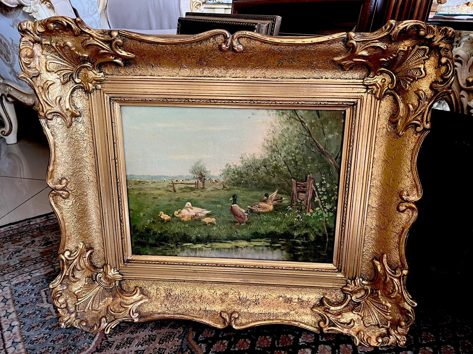 Antiek olieverf eenden en koeien schilderij, Ophalen