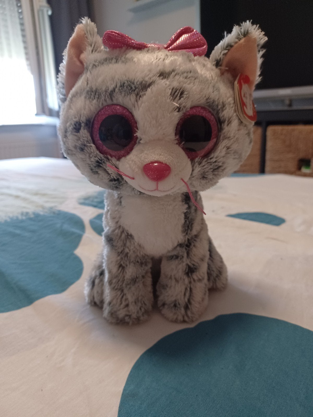 Ty Beanie Boo kat met grote ogen en roze strik, Ophalen, Grijs, Ty, Met label