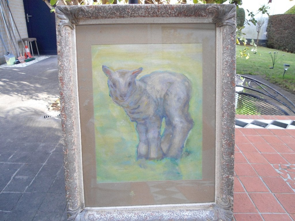 Kees van Urk pastel Lammetje, Antiek en Kunst, Paneel, Dieren, Ophalen of Verzenden, Gesigneerd