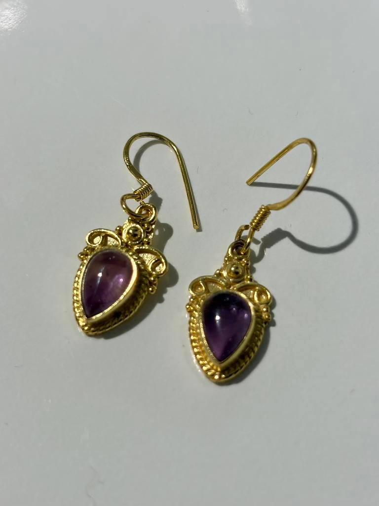 Vergulde Amethist Oorbellen – 925 Zilver, Hangers, Nieuw, Ophalen of Verzenden, Met edelsteen