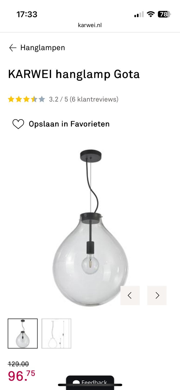 Hanglamp glas, Ophalen, Zo goed als nieuw, Glas