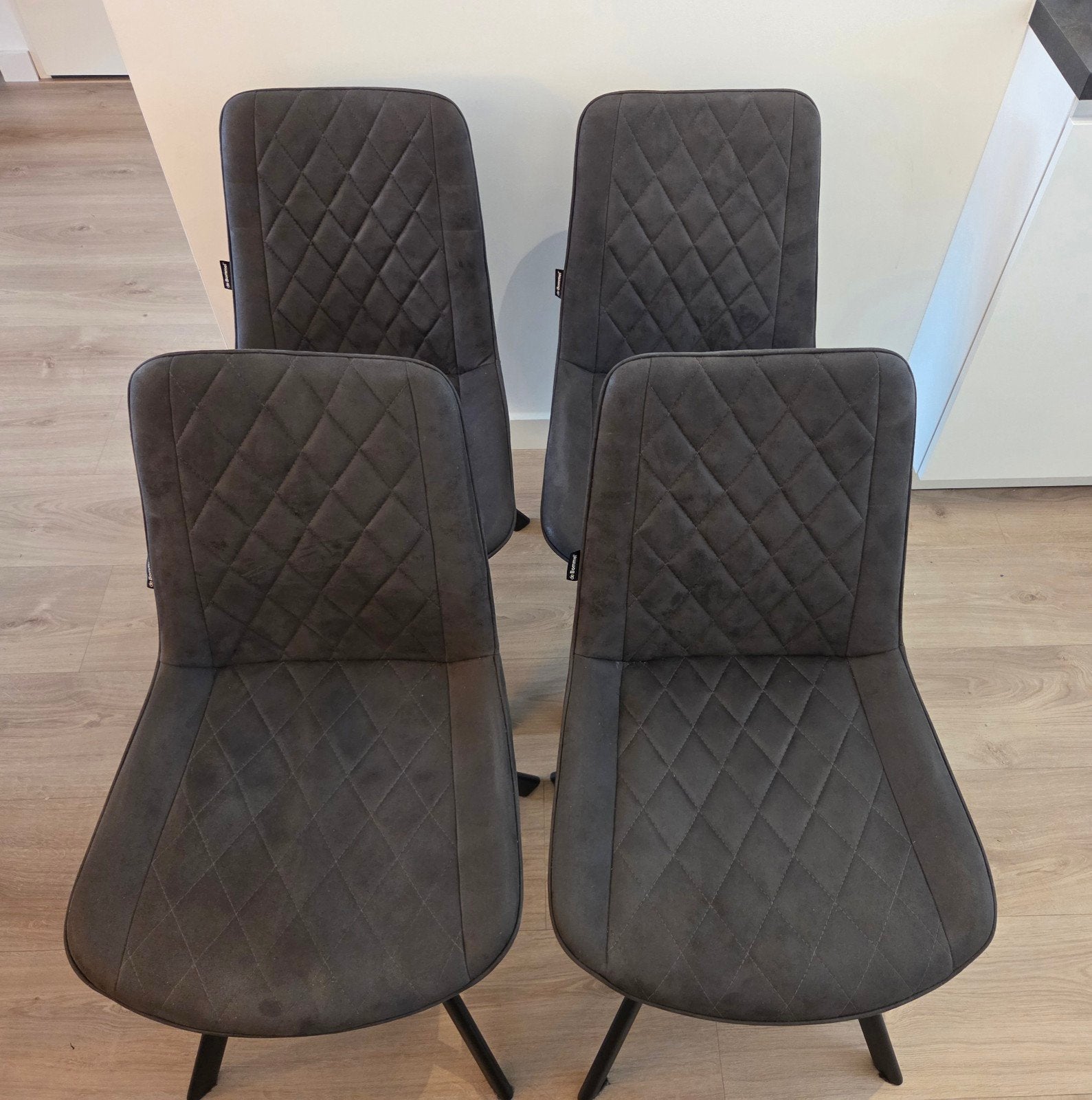 Set van 4 'de Bommel' eetkamerstoelen - Grijs stof, Ophalen, Modern, Industrieel, Zo goed als nieuw, Metaal