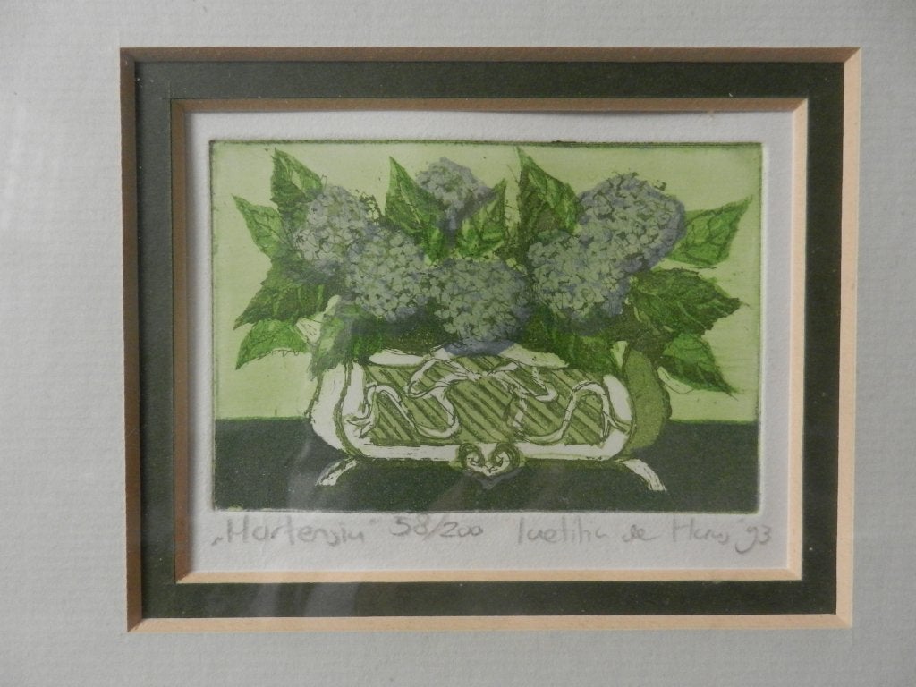 Leuke kleurenets Hortensia jardiniere Laetitia de Haas 1993, Antiek en Kunst, 6 cm, Ophalen of Verzenden, Met tekst, 9 cm