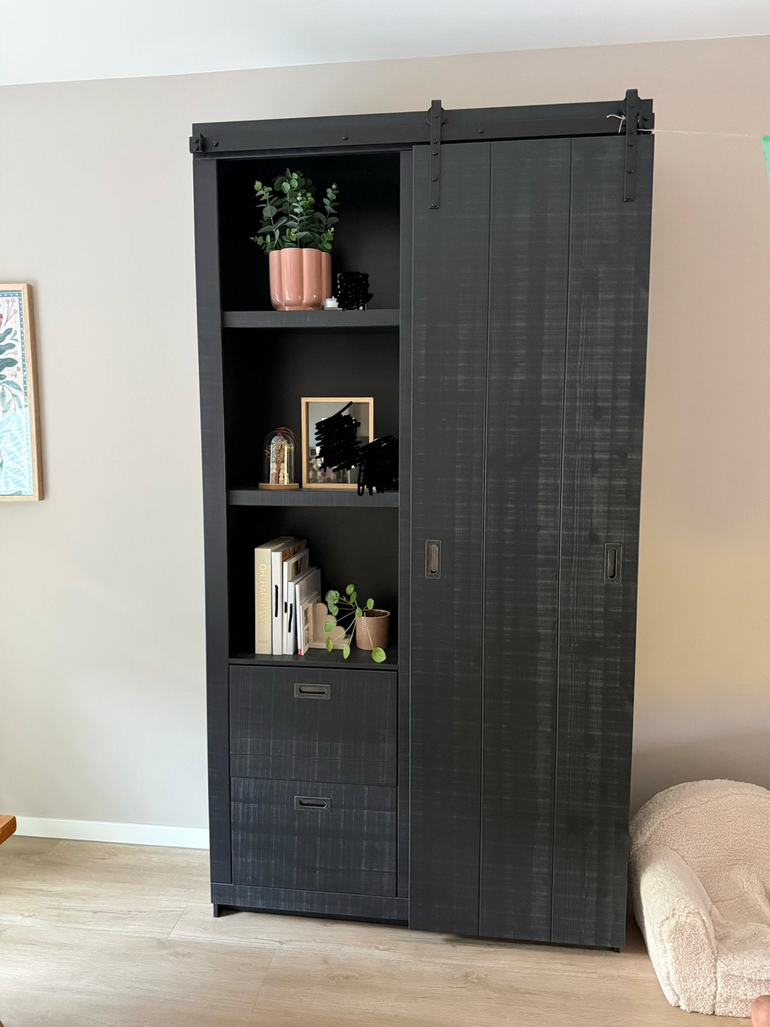 Schuifdeur kast woonkamer zwart lades, Ophalen, Gebruikt, 100 tot 150 cm, 200 cm of meer