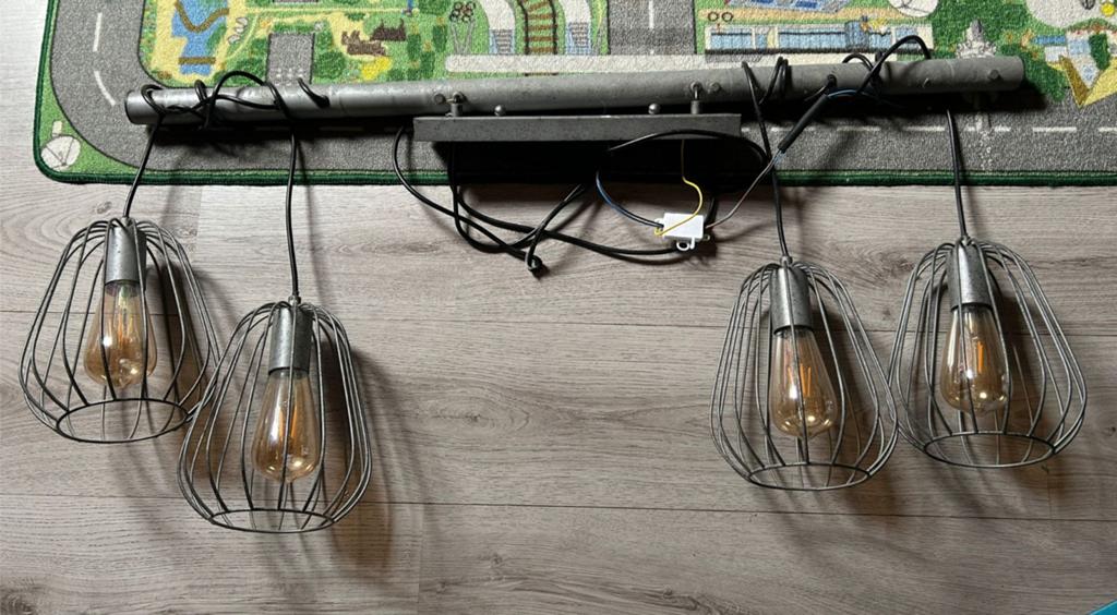 Industriële hanglamp met 4 kooilampen, Ophalen, Gebruikt, 100 tot 150 cm, Minder dan 25 cm