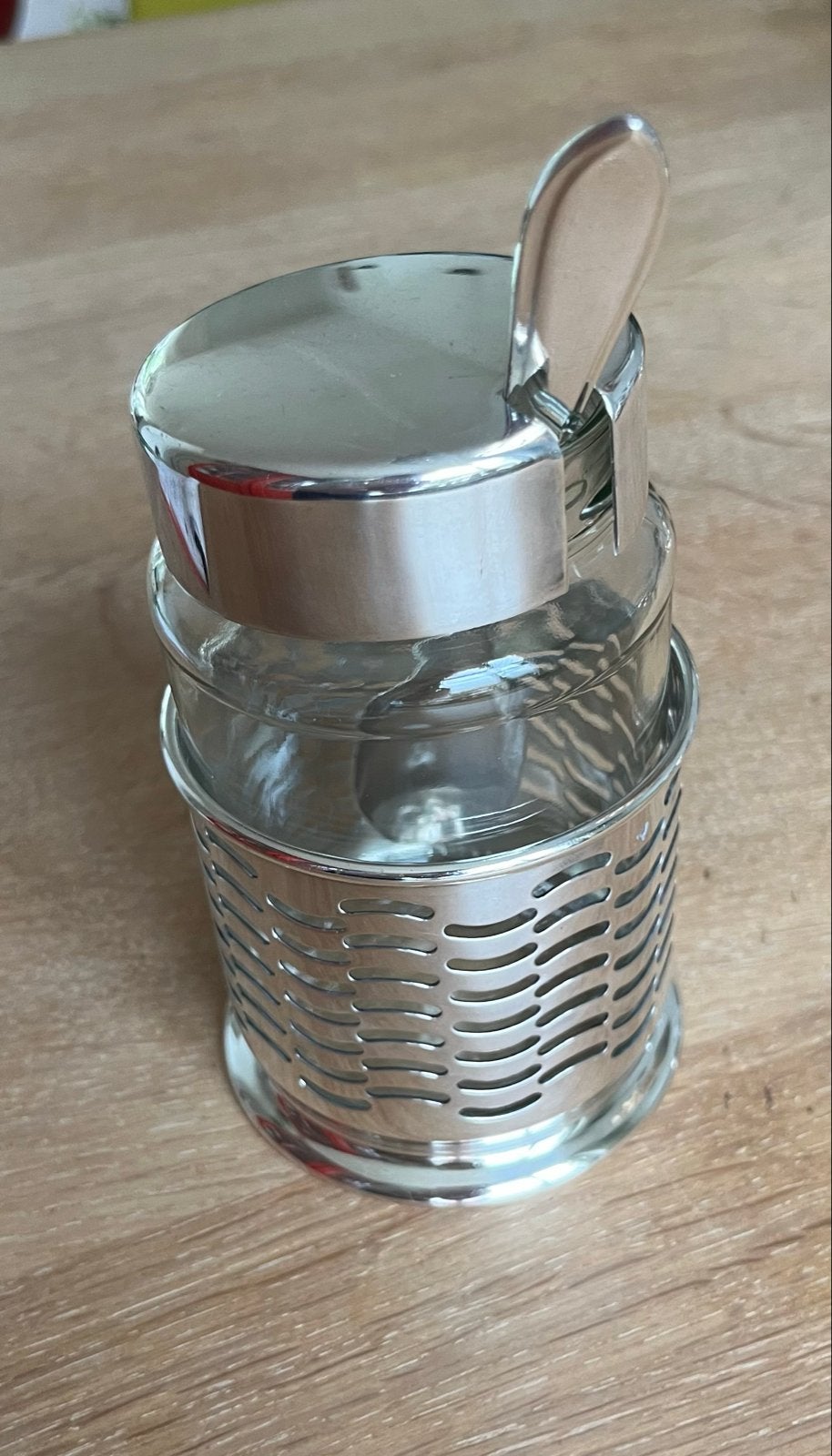 Glazen strooier met metalen houder en lepel, Ophalen, Zilver, Overige merken, Glas