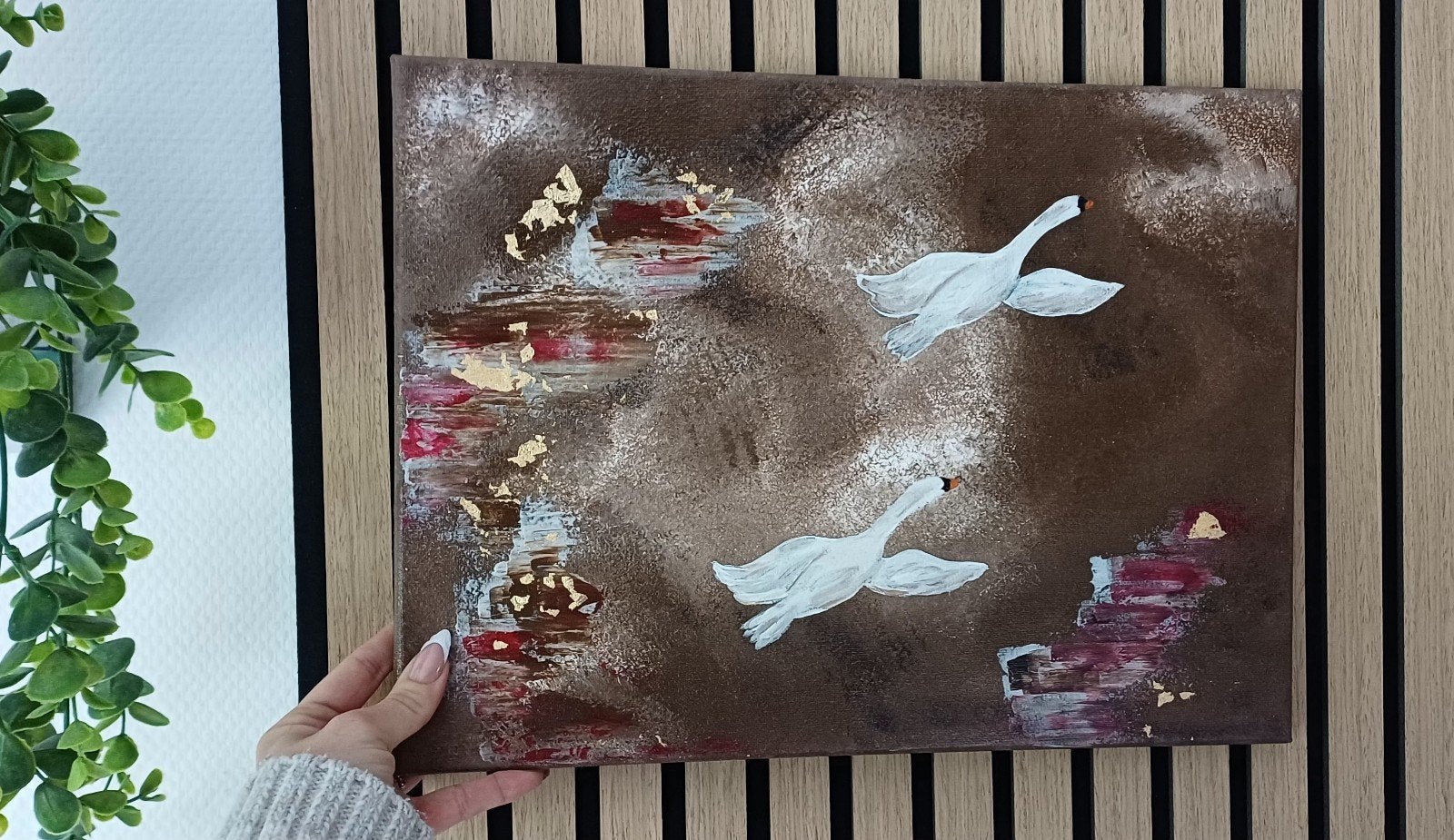 canvas vliegende zwanen en bladgoud, Verzenden, Overige materialen, Acrylverf, Dieren