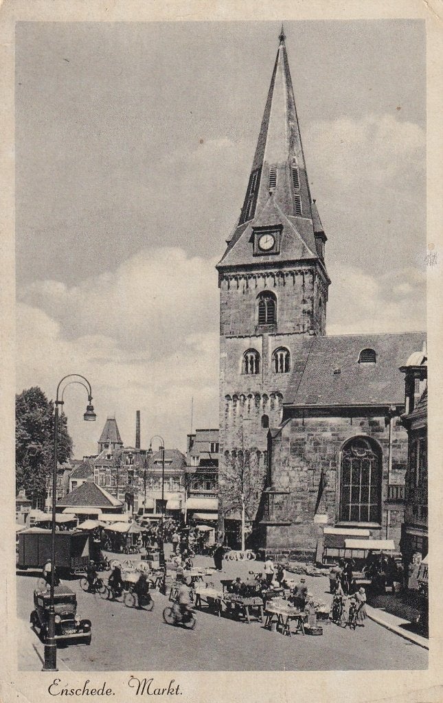 Enschede, Markt, Kramen., Verzenden, 1920 tot 1940, Gelopen, Overijssel