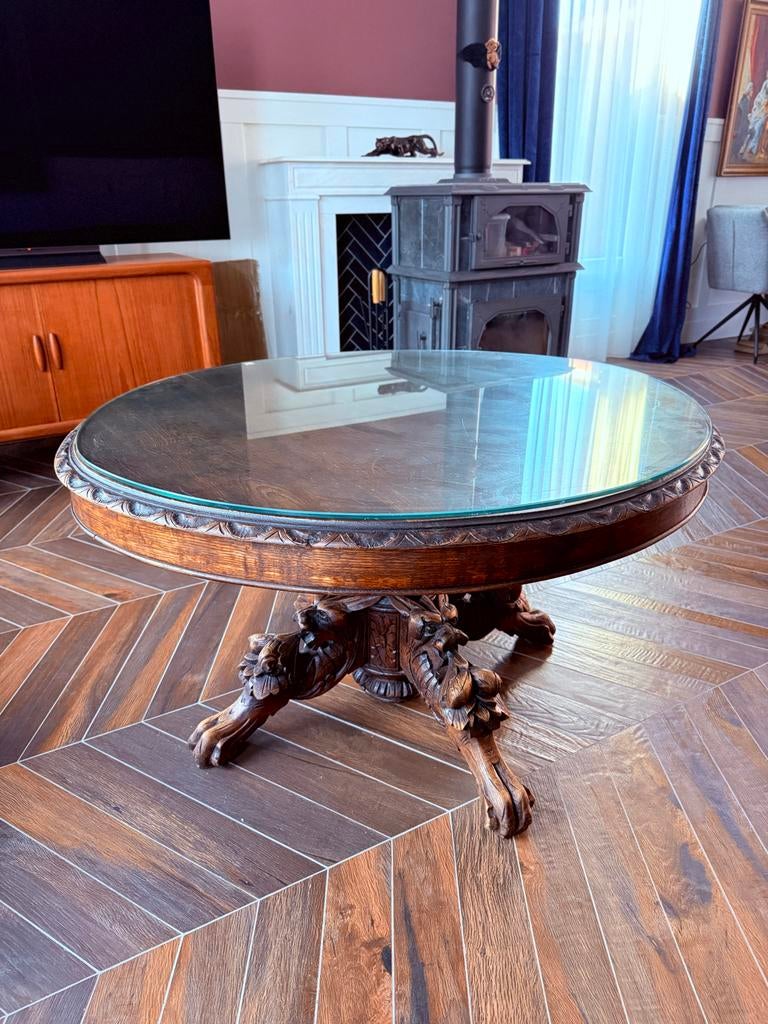 Antieke ronde salontafel (met glazen blad), Ophalen