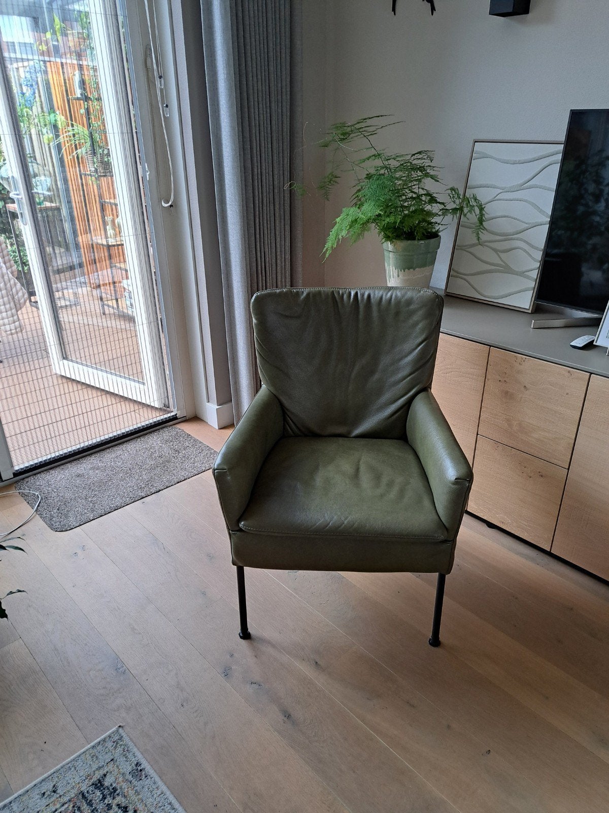 z.g.a.n. olijfgroene lederen fauteuils-set van 2, Huis en Inrichting, Fauteuils, Ophalen, Minder dan 75 cm, Zo goed als nieuw