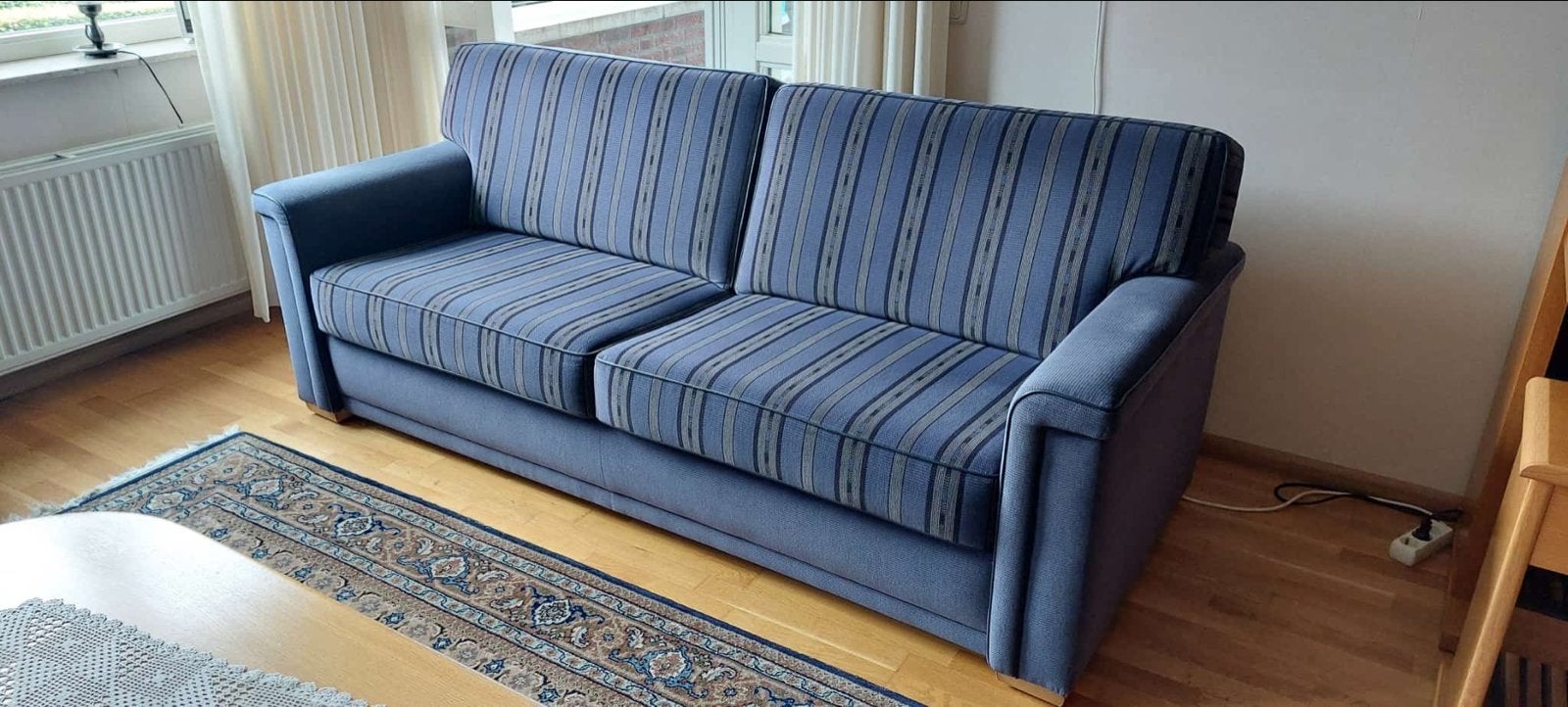 Comfortabele 2-zitsbank en 2 fauteuils - Blauw gestreept, Ophalen, Gebruikt, 150 tot 200 cm, Tweepersoons