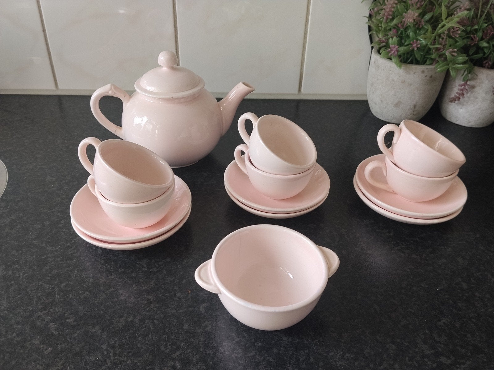 Vintage Roze Theeservies - Theepot en Kop en Schotels, Antiek en Kunst, Ophalen of Verzenden