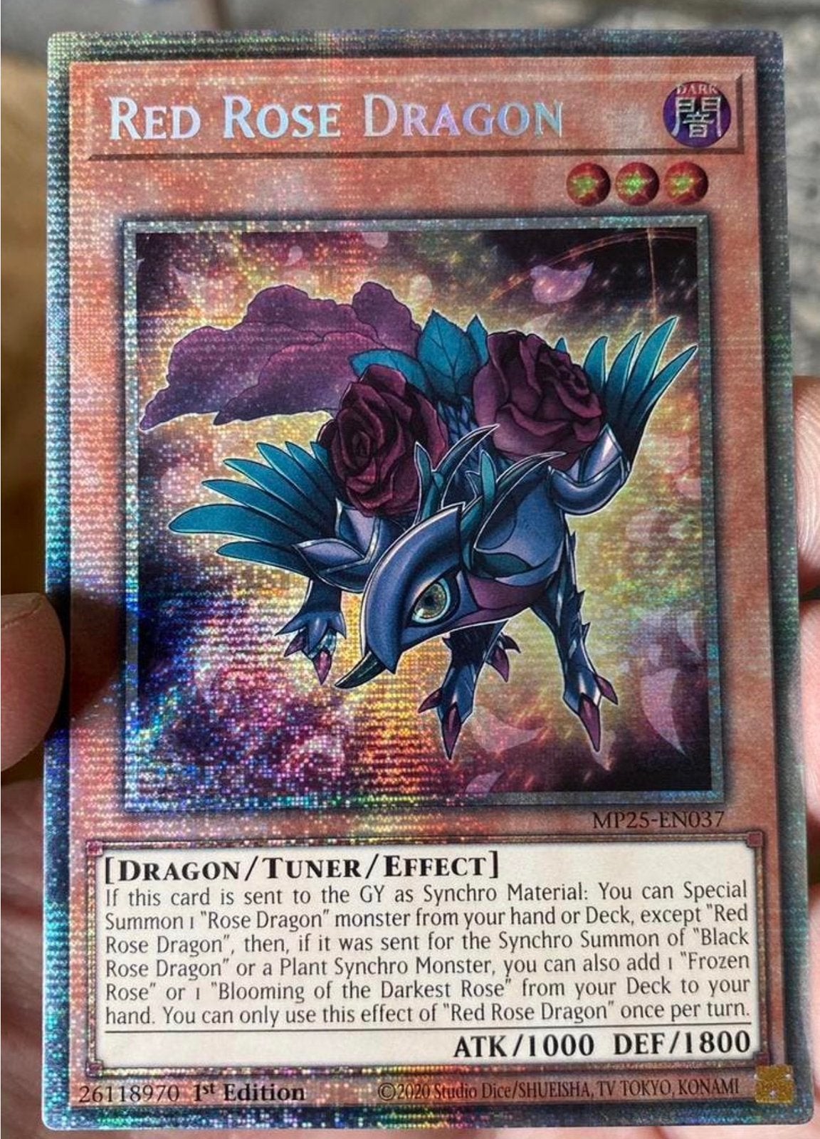 Yu-Gi-Oh! Red Rose Dragon MP25 1st Starlight Rare !, Ophalen of Verzenden, Zo goed als nieuw, Losse kaart, Foil