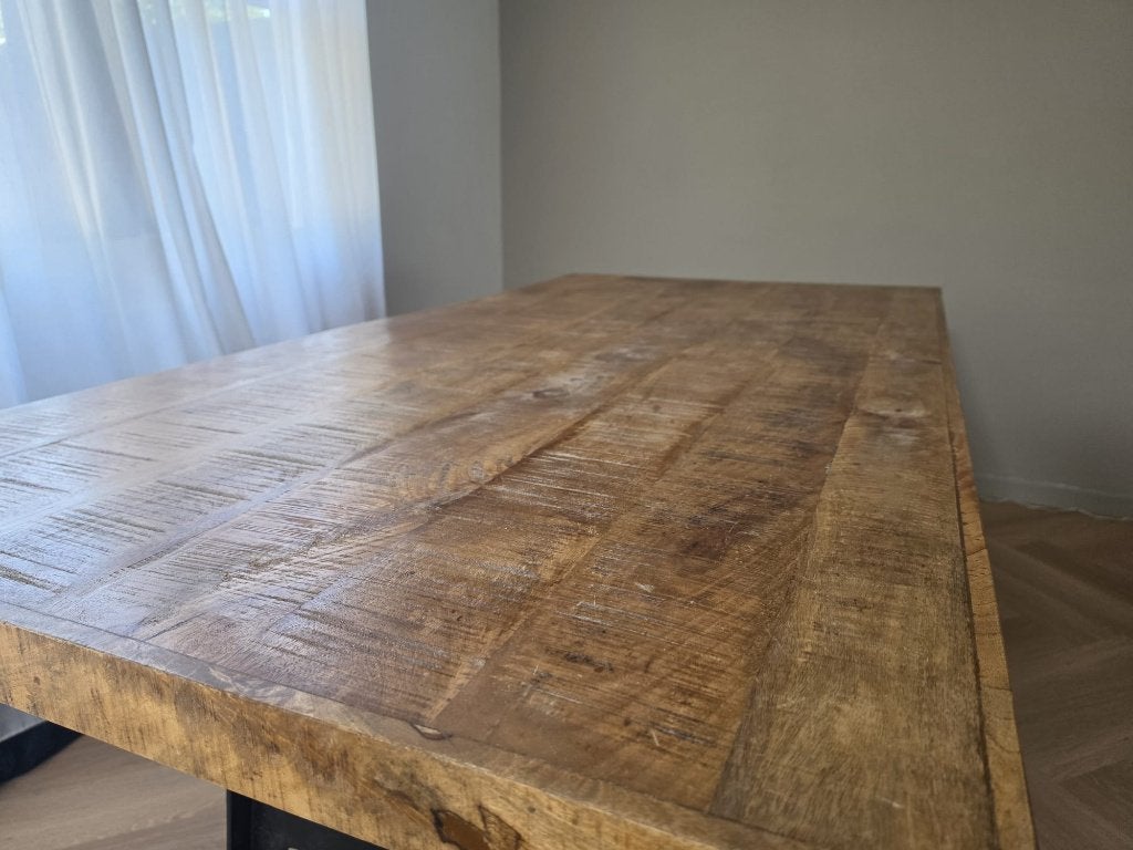 Industriële verstelbare eettafel met gietijzeren onderstel, Ophalen, 100 tot 150 cm, 200 cm of meer, Zo goed als nieuw