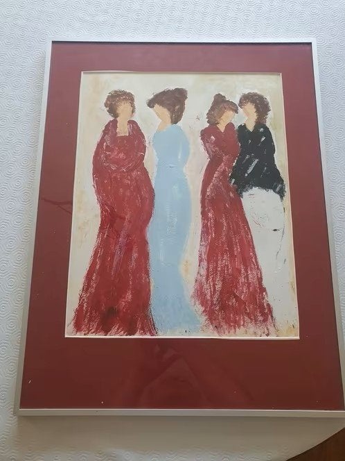 Aquarel 4 dames in jurken in mooie lijst met passe partout, Ophalen