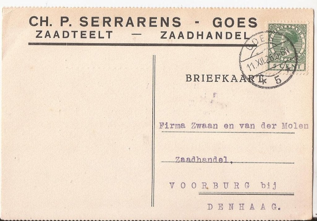 GOES 1926 Ch. P. SERRARENS Zaadteelt en Zaadhandel, Verzamelen, Ophalen of Verzenden, 1920 tot 1940, Gelopen, Zeeland