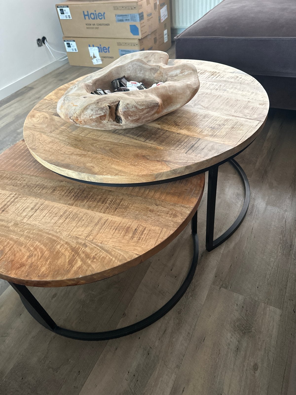 Salontafel set van 2, mangohout en metaal, Ophalen, Rond, 50 tot 100 cm, Zo goed als nieuw