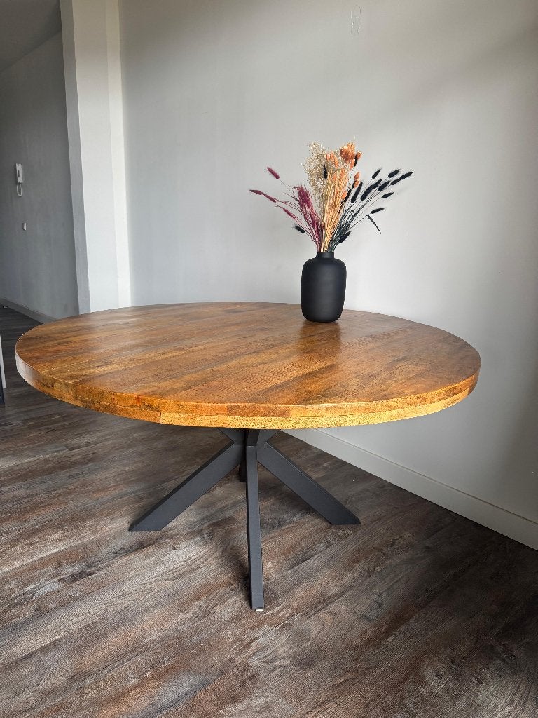 Ronde eettafel diameter 1.5m mangohout | Monique rond Huus, Gebruikt, Rond, Vier personen, Ophalen