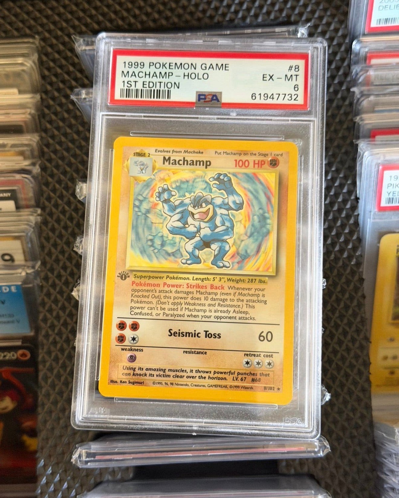 PSA 6 Machamp Holo 1st Edition 8/102 Base Set 1999 Graded, Ophalen of Verzenden, Losse kaart