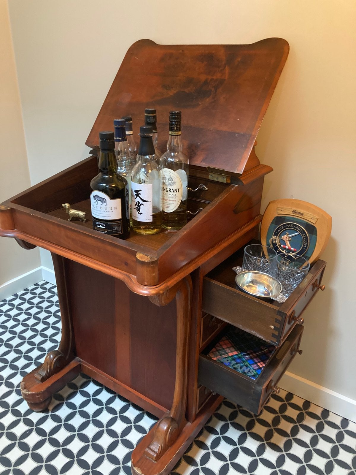 Antiek Davenport bureau whiskey wijn barretje, Overige typen, Gebruikt, Antiek, Bruin